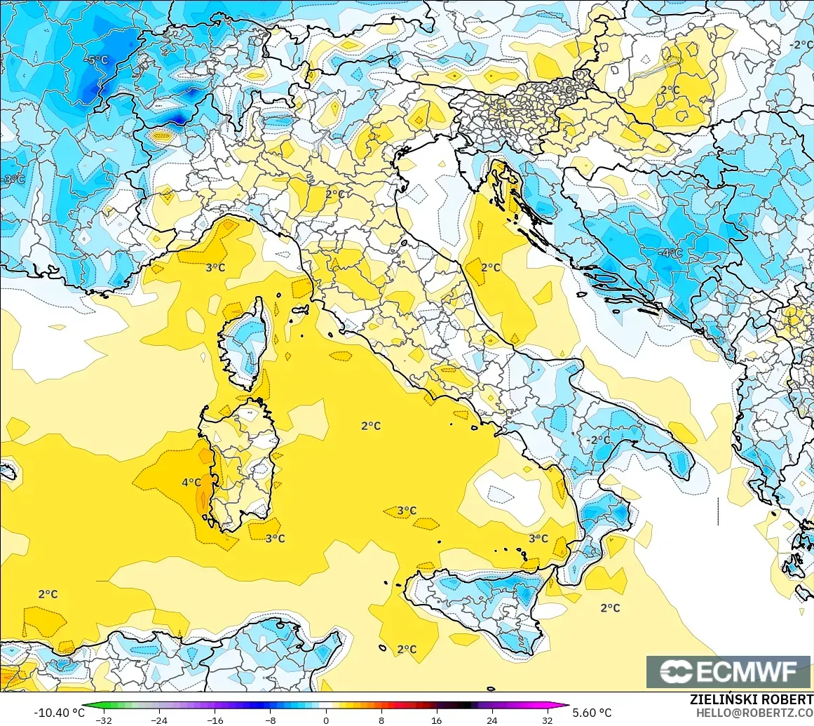 ECMWF IFS 0.25° modelo - Italia, Anomalía de temperatura a 2 m