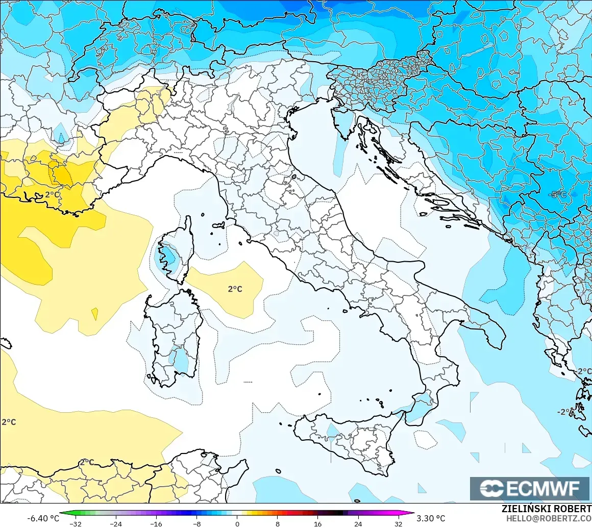 ECMWF IFS 0.25° modelo - Italia, Anomalía de temperatura a 850 hPa