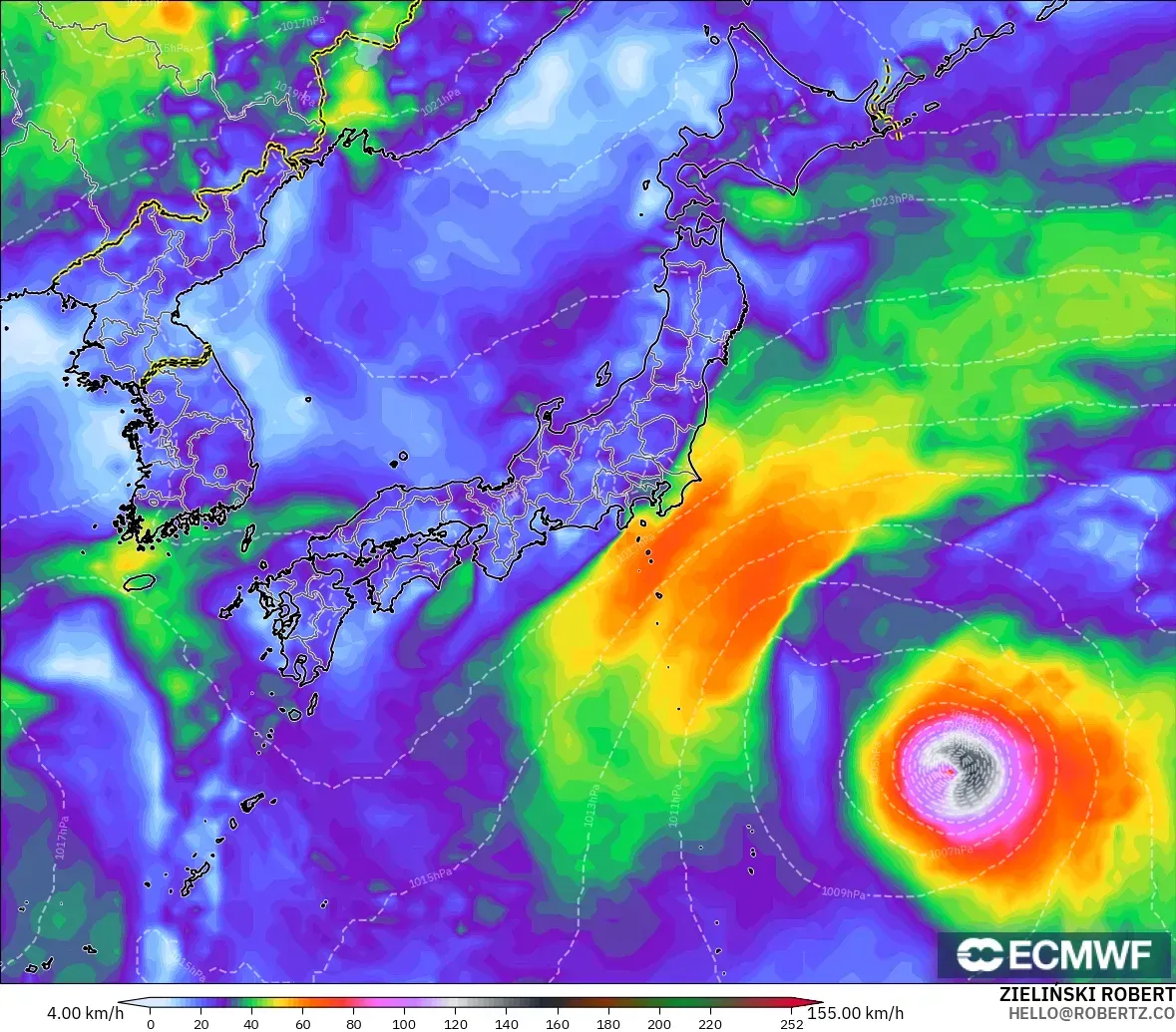 ECMWF IFS 0.25° modelo - Japón, Ráfagas de Viento Máximas