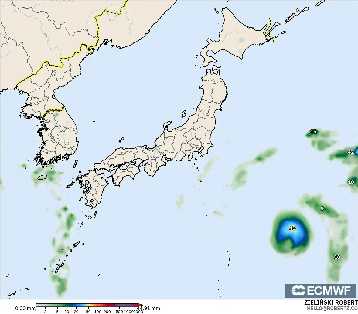 ECMWF IFS 0.25° modelo - Japón, Acumulación de precipitación
