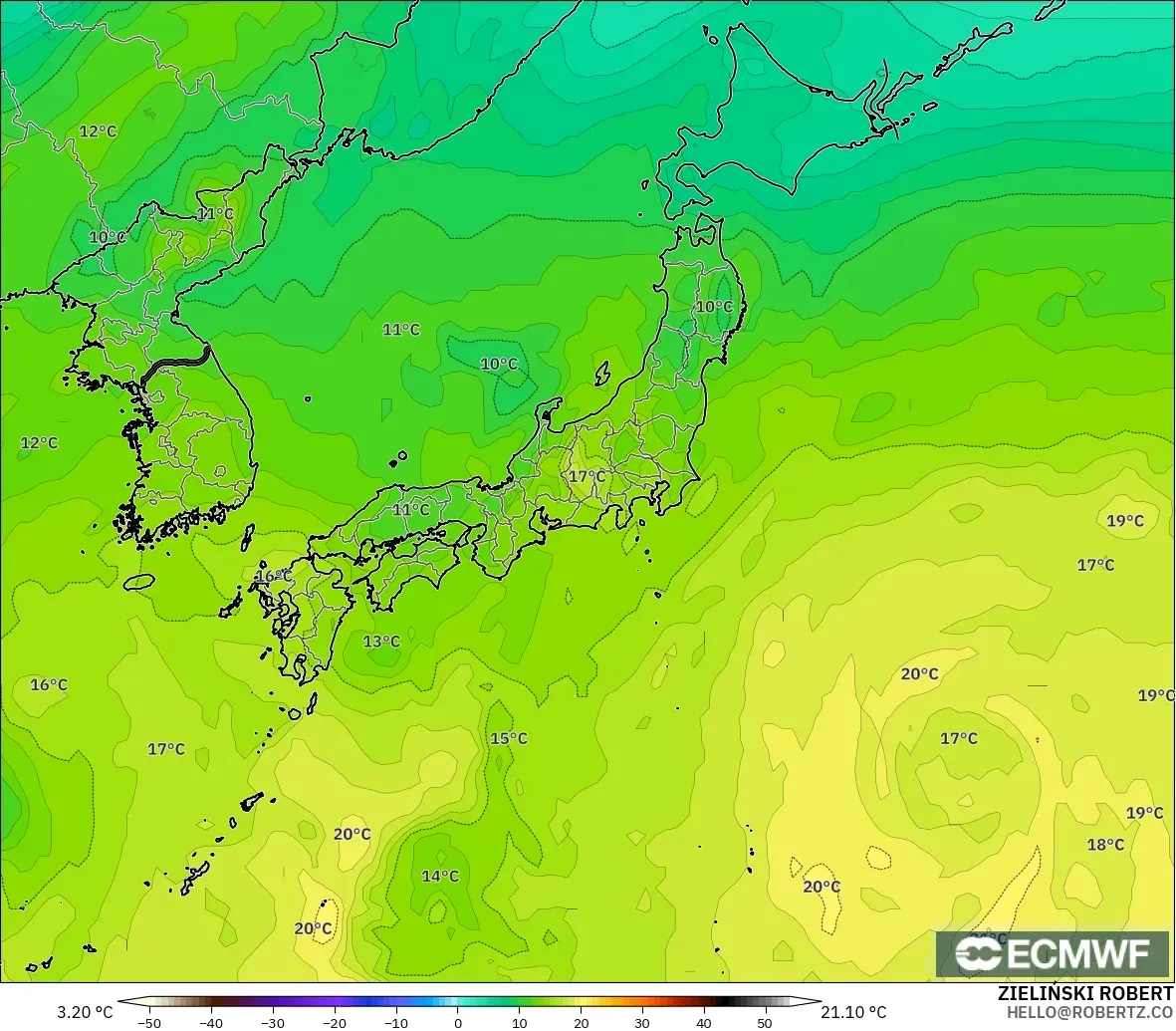 ECMWF IFS 0.25° modelo - Japón, Temperatura a 850 hPa