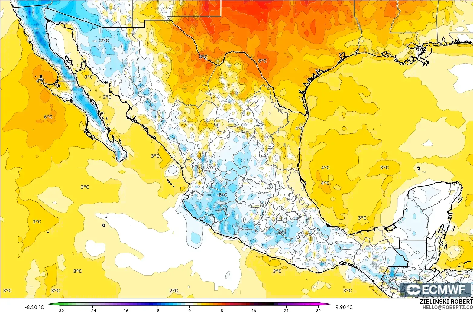 ECMWF IFS 0.25° modelo - México, Anomalía de temperatura a 2 m