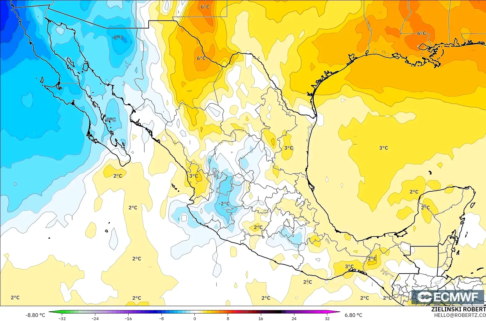 ECMWF IFS 0.25° modelo - México, Anomalía de temperatura a 850 hPa