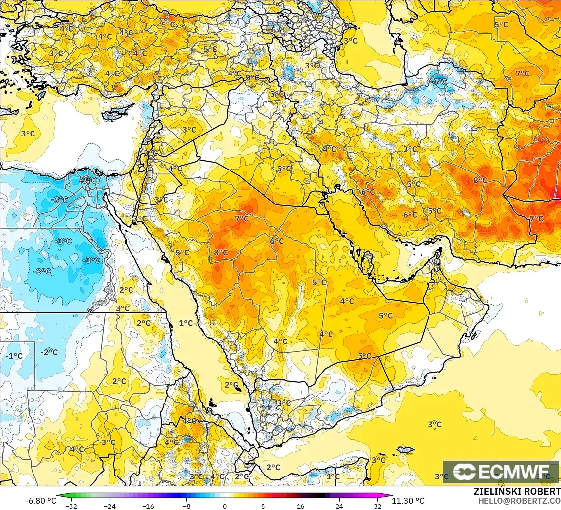 ECMWF IFS 0.25° modelo - Oriente Medio, Anomalía de temperatura a 2 m