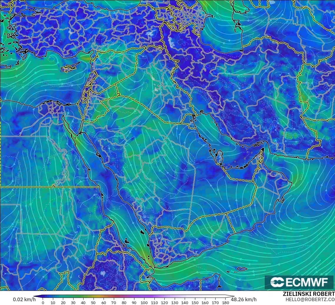 ECMWF IFS 0.25° modelo - Oriente Medio, Viento a 10 m