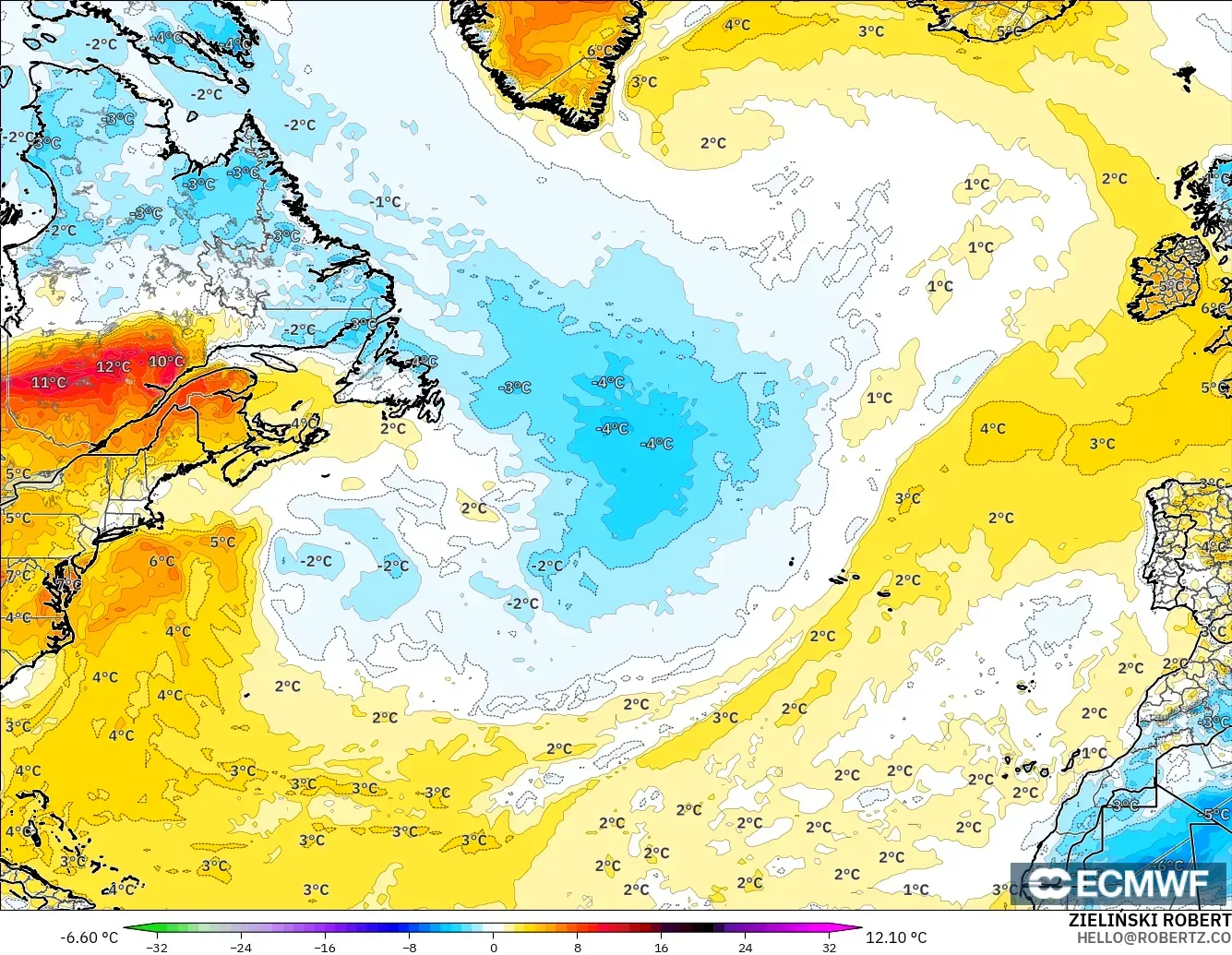 ECMWF IFS 0.25° modelo - Norte Atlántico, Anomalía de temperatura a 2 m