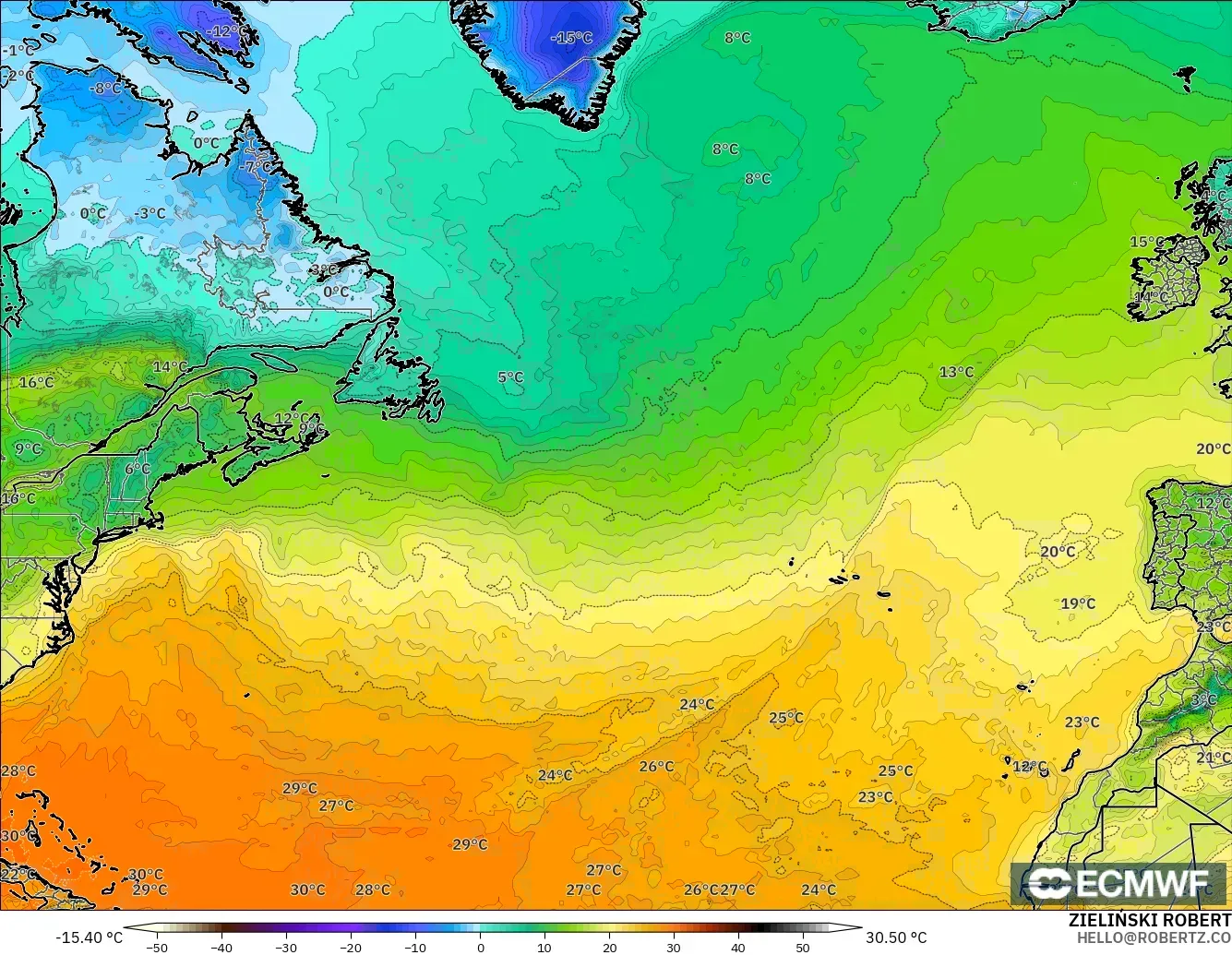 ECMWF IFS 0.25° modelo - Norte Atlántico, Temperatura a 2 m