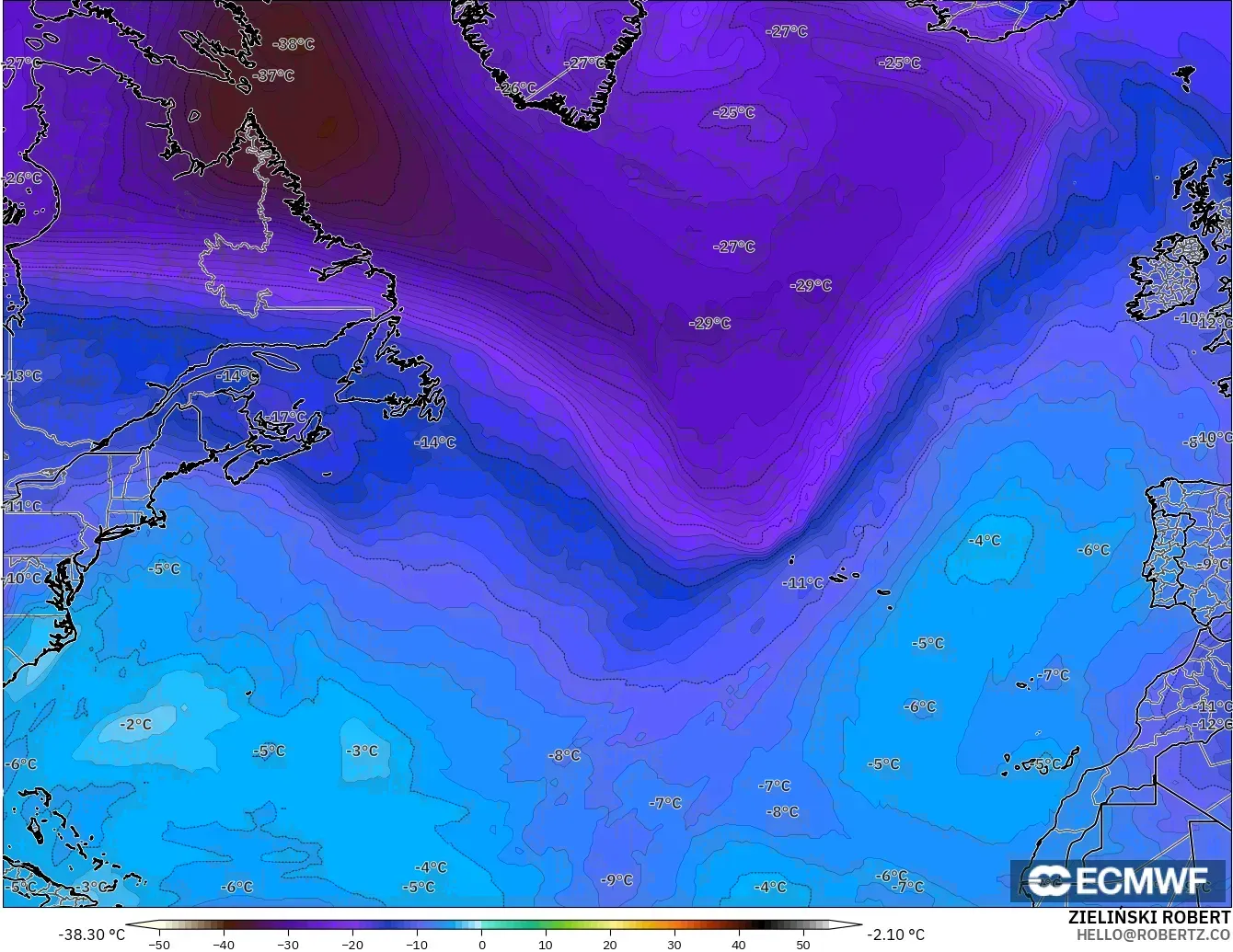 ECMWF IFS 0.25° modelo - Norte Atlántico, Temperatura a 500 hPa