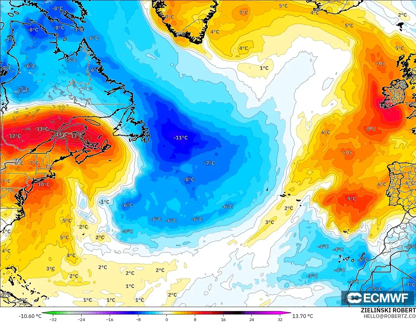 ECMWF IFS 0.25° modelo - Norte Atlántico, Anomalía de temperatura a 850 hPa