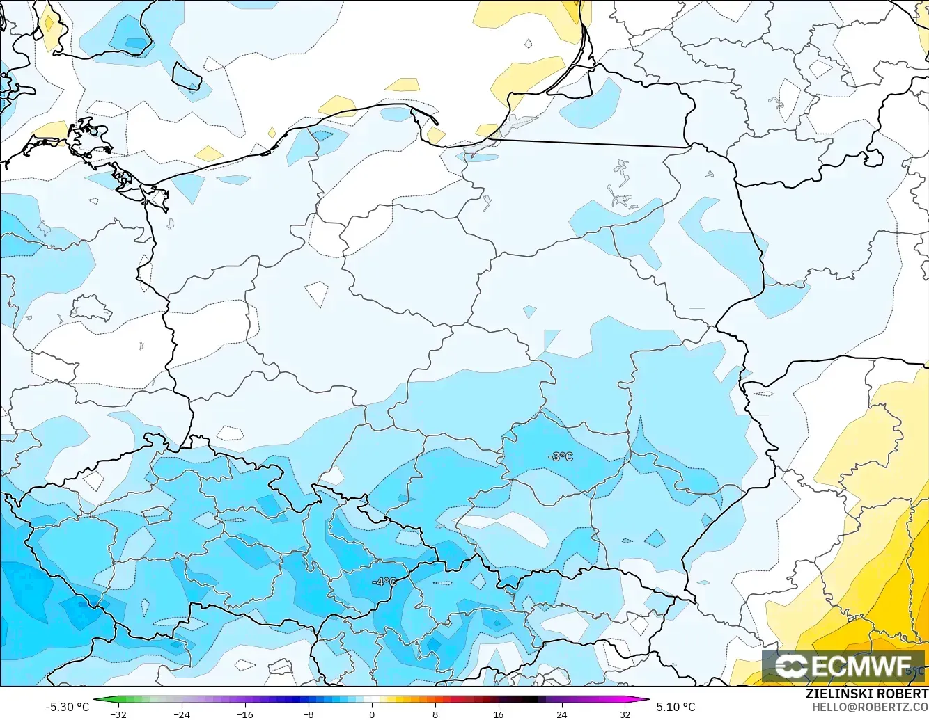 ECMWF IFS 0.25° modelo - Polonia, Anomalía de temperatura a 2 m