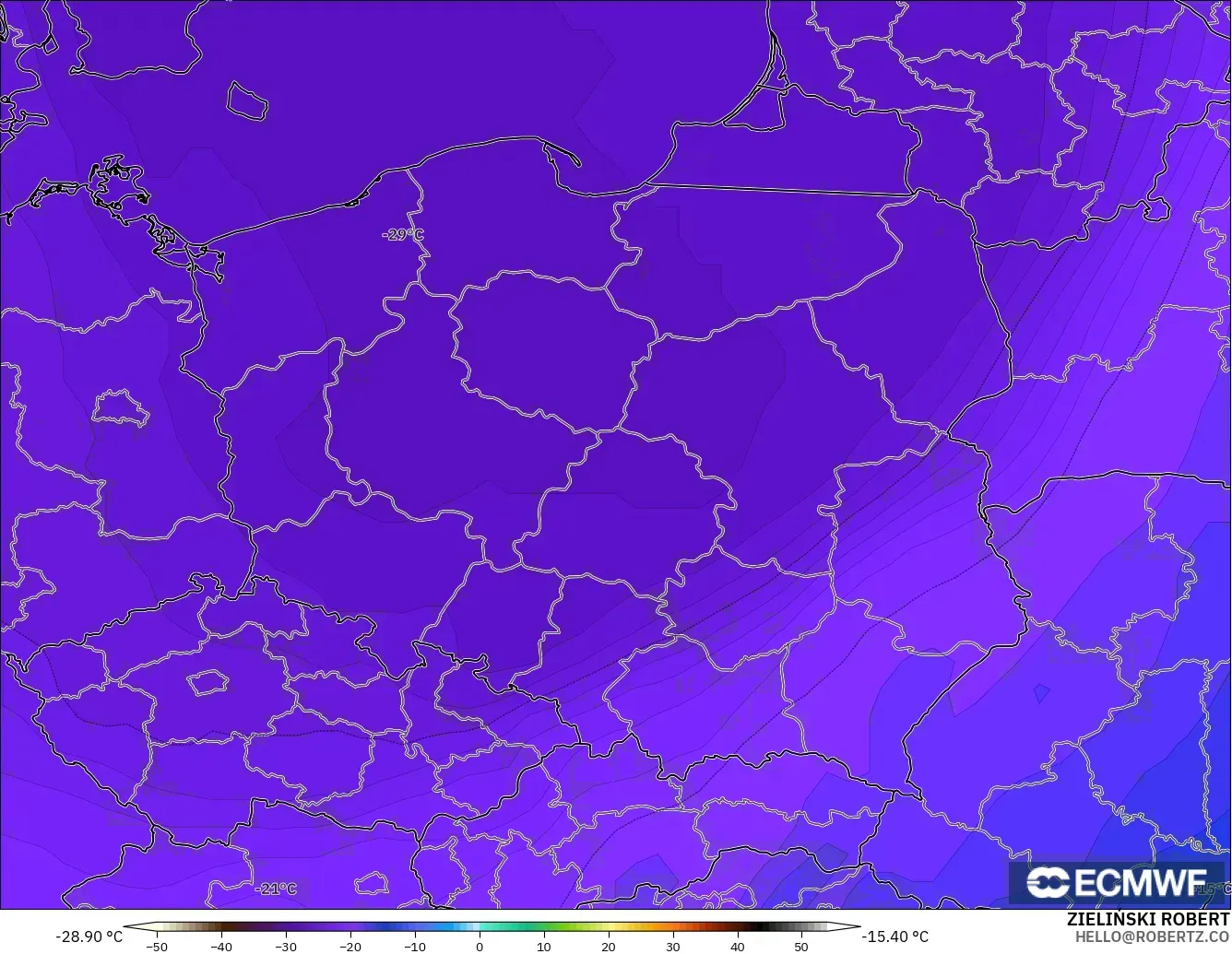 ECMWF IFS 0.25° modelo - Polonia, Temperatura a 500 hPa