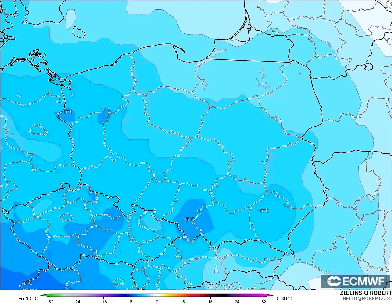 ECMWF IFS 0.25° modelo - Polonia, Anomalía de temperatura a 850 hPa