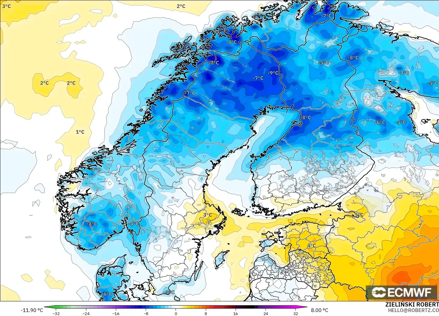 ECMWF IFS 0.25° modelo - Escandinavia, Anomalía de temperatura a 2 m