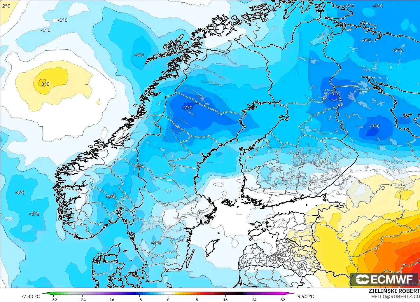 ECMWF IFS 0.25° modelo - Escandinavia, Anomalía de temperatura a 850 hPa