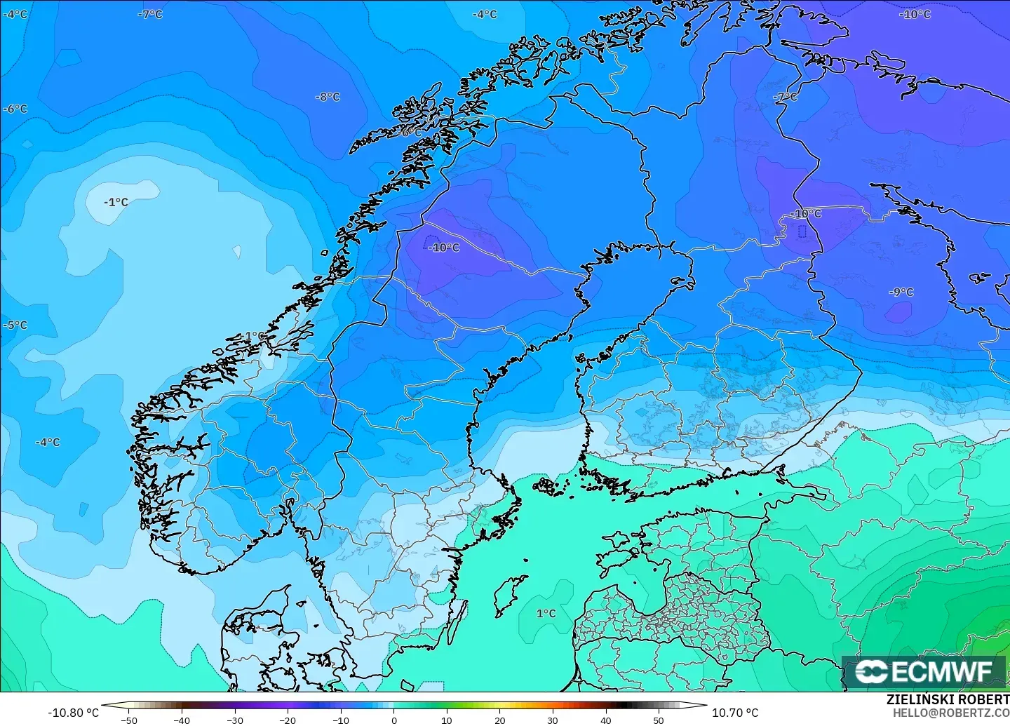 ECMWF IFS 0.25° modelo - Escandinavia, Temperatura a 850 hPa