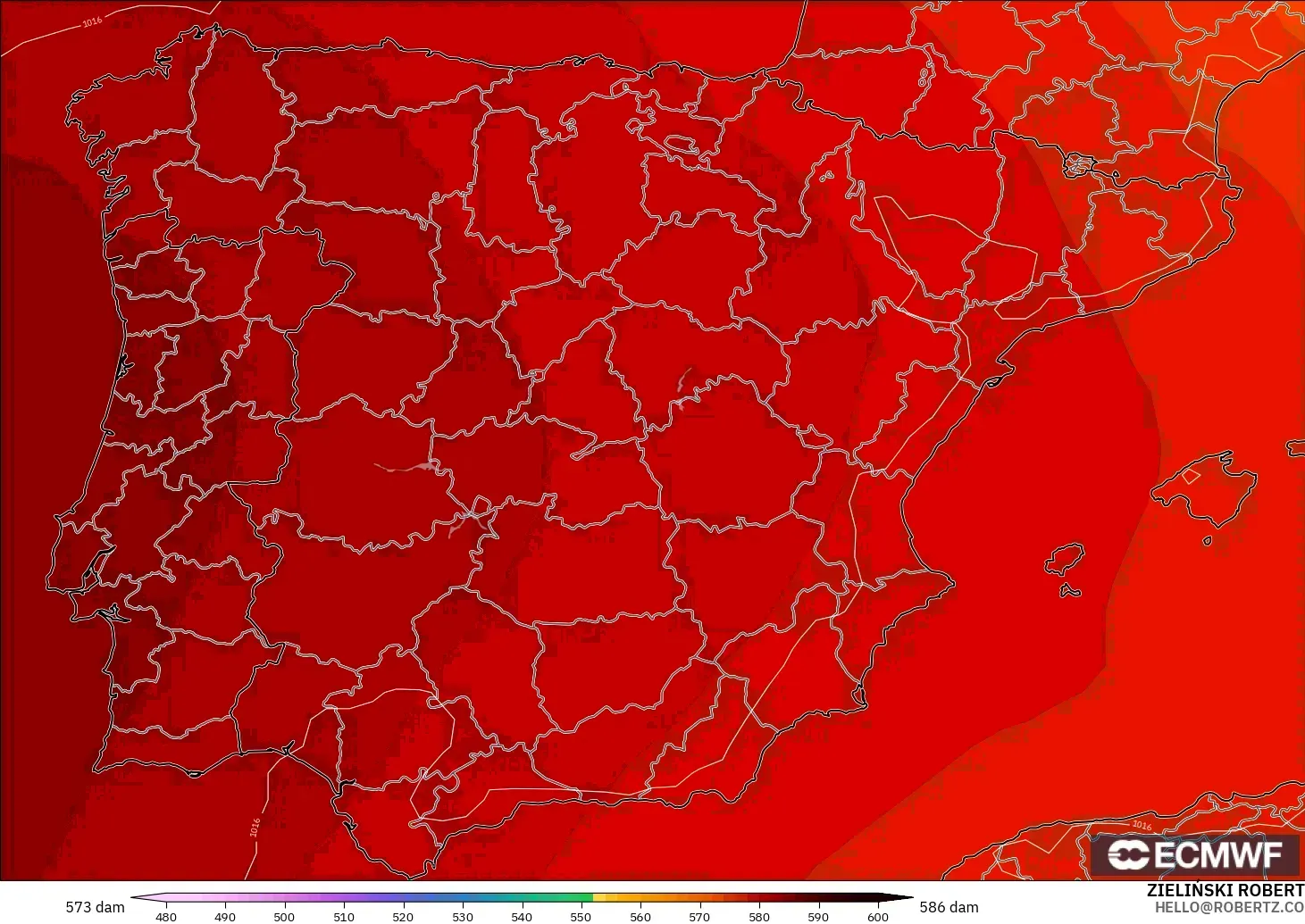 ECMWF IFS 0.25° modelo - España, Altura geopotencial a 500 hPa