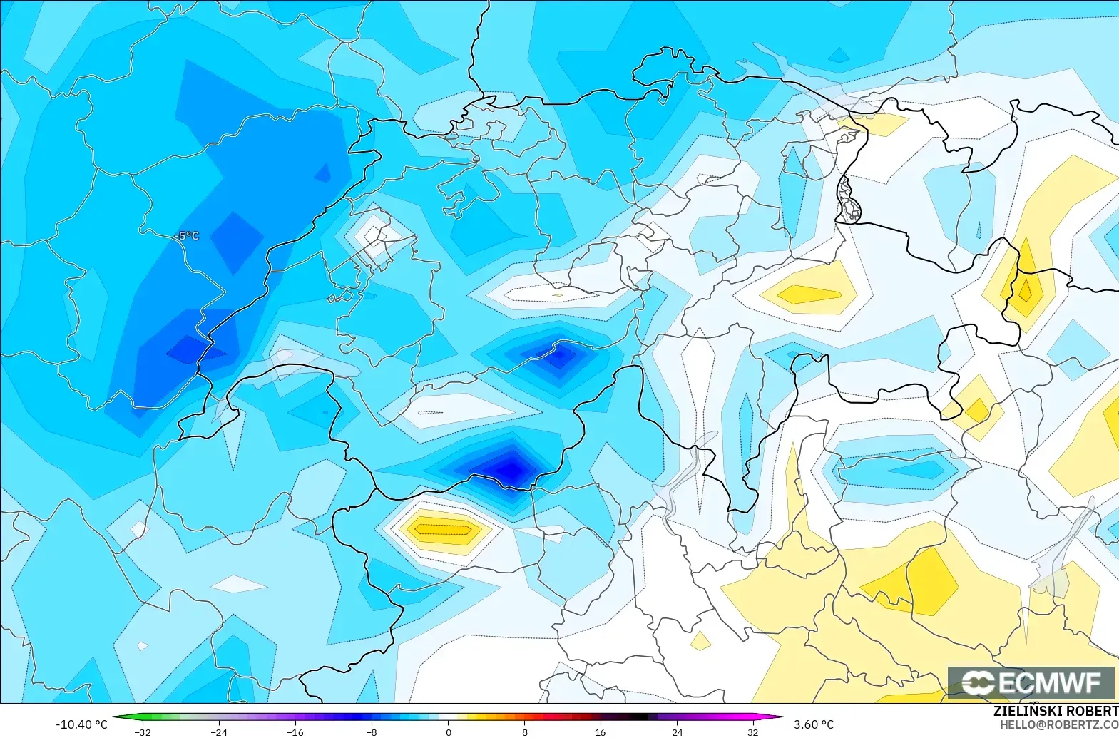 ECMWF IFS 0.25° modelo - Suiza, Anomalía de temperatura a 2 m