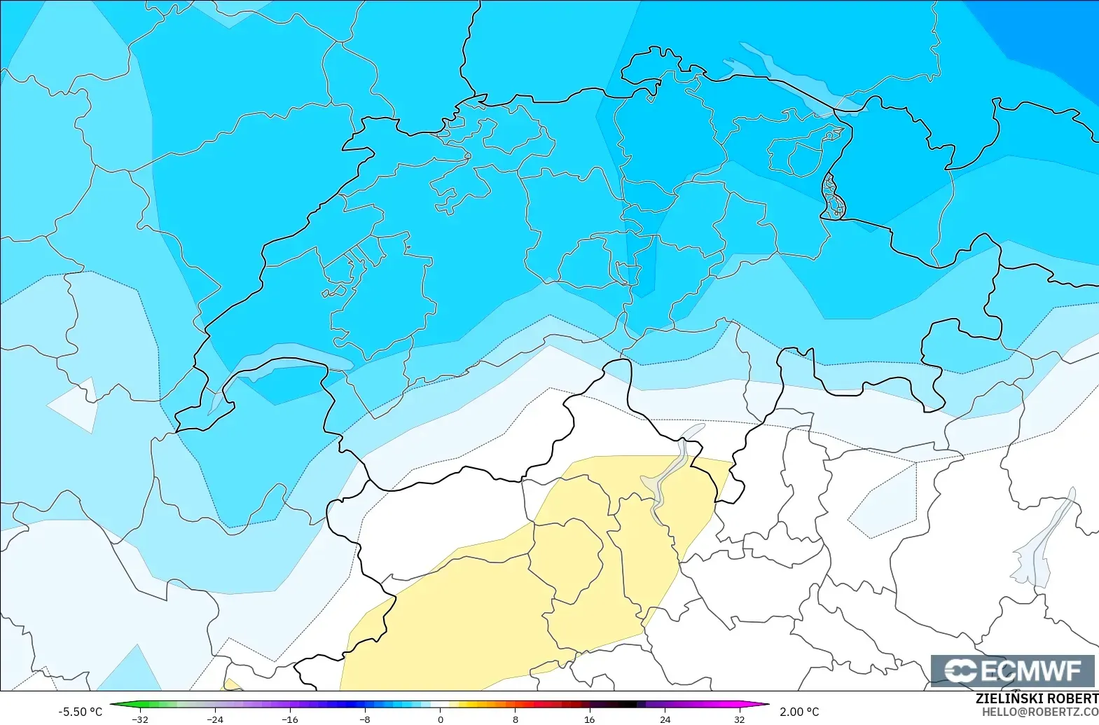 ECMWF IFS 0.25° modelo - Suiza, Anomalía de temperatura a 850 hPa