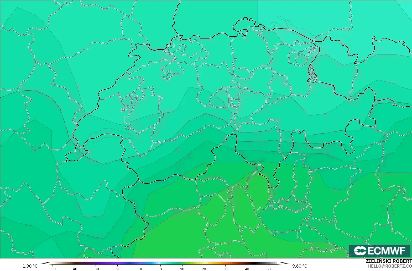 ECMWF IFS 0.25° modelo - Suiza, Temperatura a 850 hPa