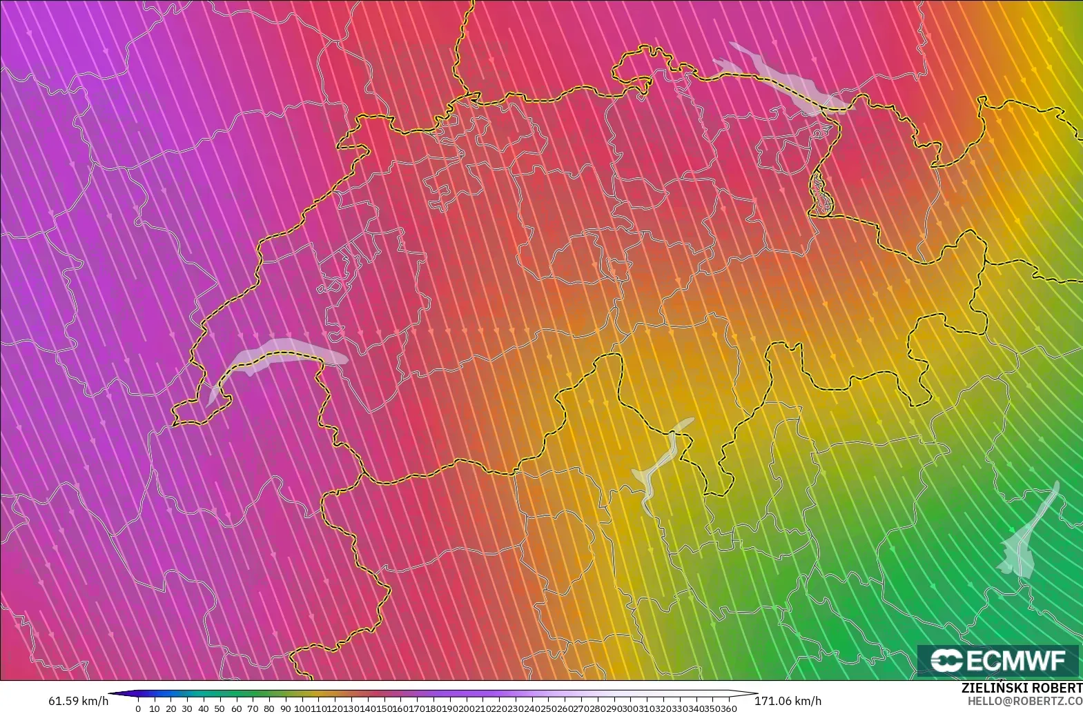 ECMWF IFS 0.25° modelo - Suiza, Viento a 300 hPa (corriente en chorro)