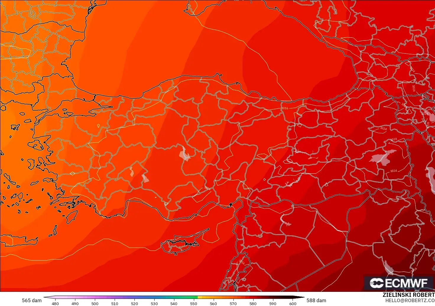ECMWF IFS 0.25° modelo - Turquía, Altura geopotencial a 500 hPa