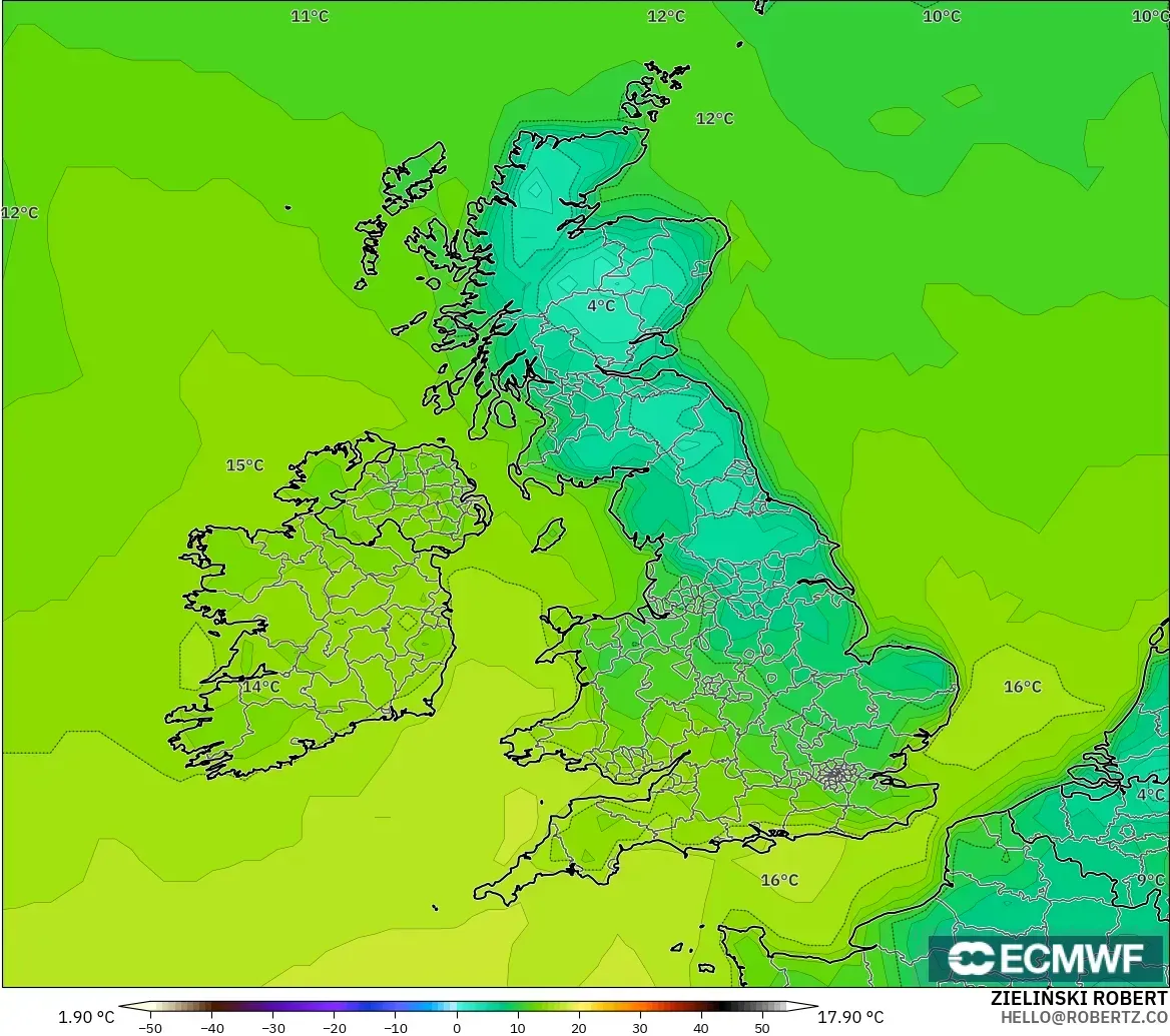 ECMWF IFS 0.25° modelo - Reino Unido, Temperatura a 2 m