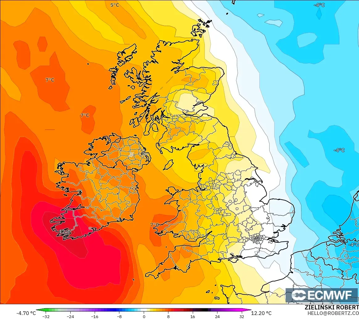 ECMWF IFS 0.25° modelo - Reino Unido, Anomalía de temperatura a 850 hPa