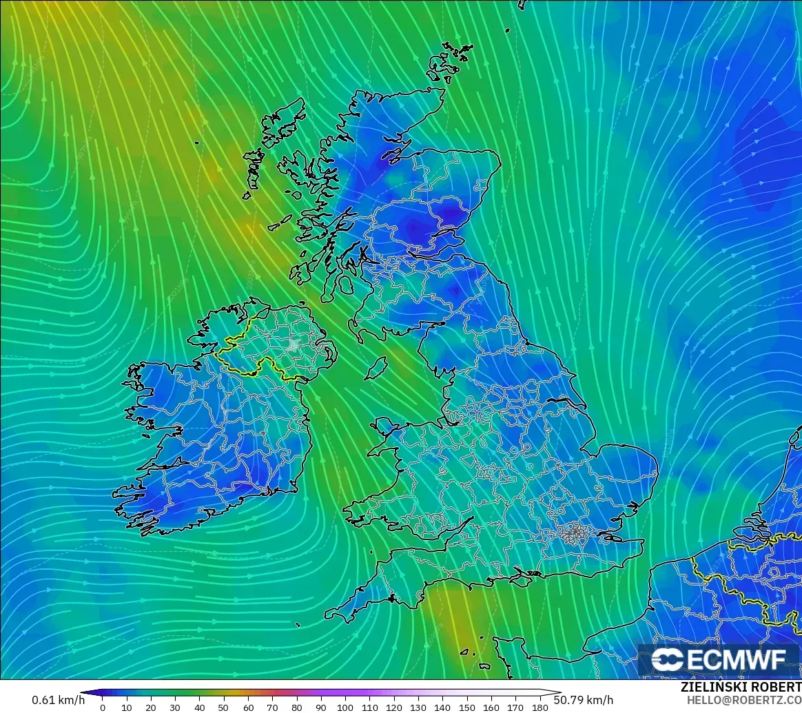 ECMWF IFS 0.25° modelo - Reino Unido, Viento a 10 m