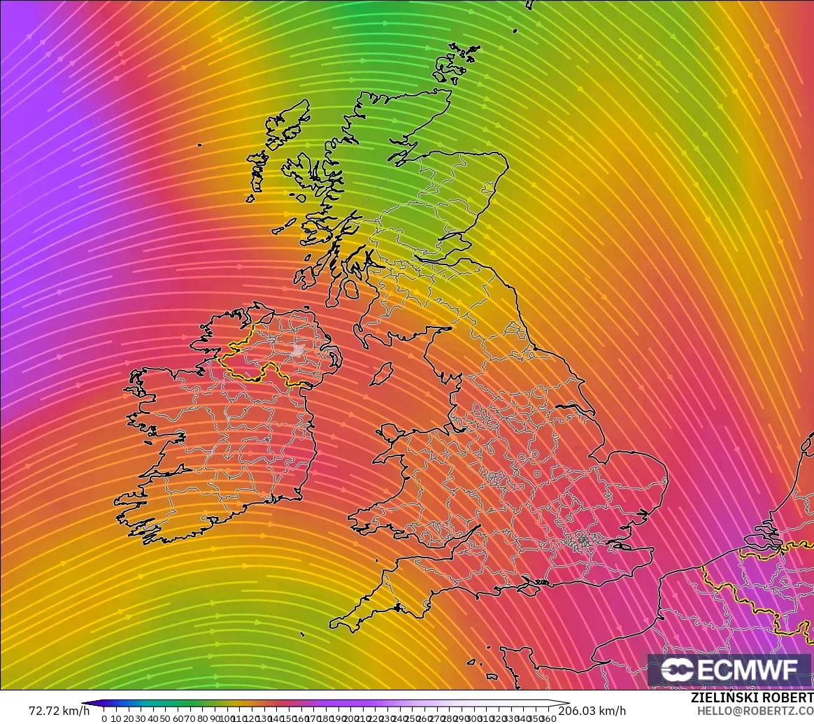 ECMWF IFS 0.25° modelo - Reino Unido, Viento a 300 hPa (corriente en chorro)