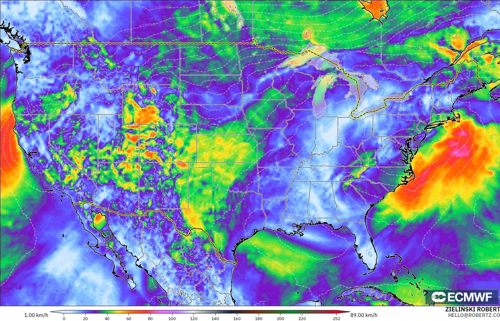 ECMWF IFS 0.25° modelo - Estados Unidos, Ráfagas de Viento Máximas