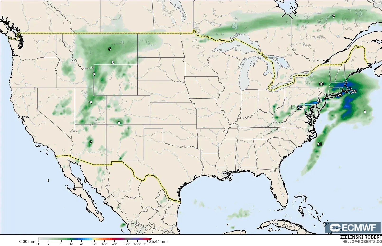 ECMWF IFS 0.25° modelo - Estados Unidos, Acumulación de precipitación