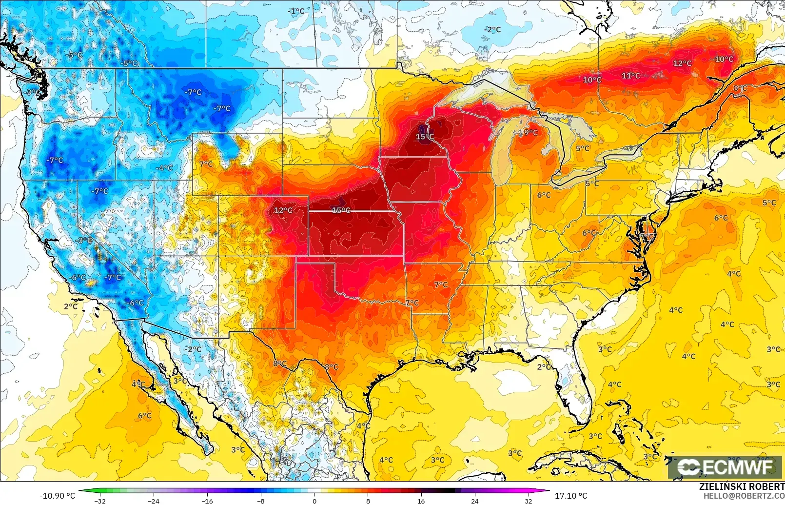 ECMWF IFS 0.25° modelo - Estados Unidos, Anomalía de temperatura a 2 m