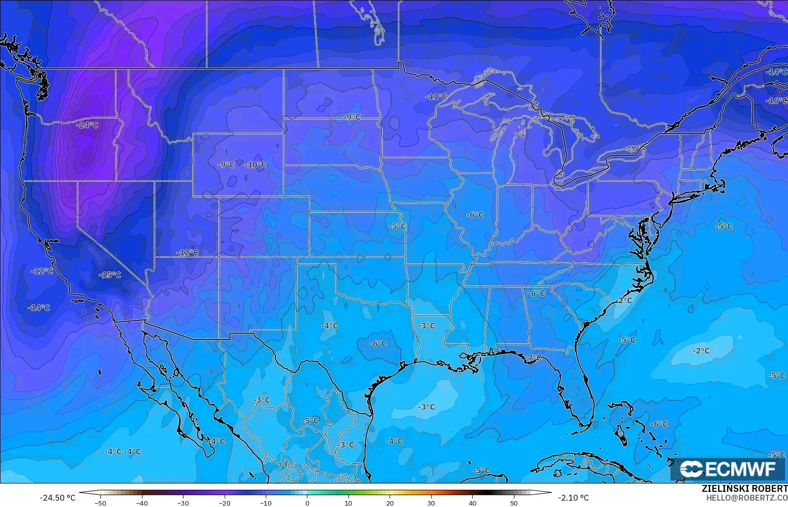 ECMWF IFS 0.25° modelo - Estados Unidos, Temperatura a 500 hPa