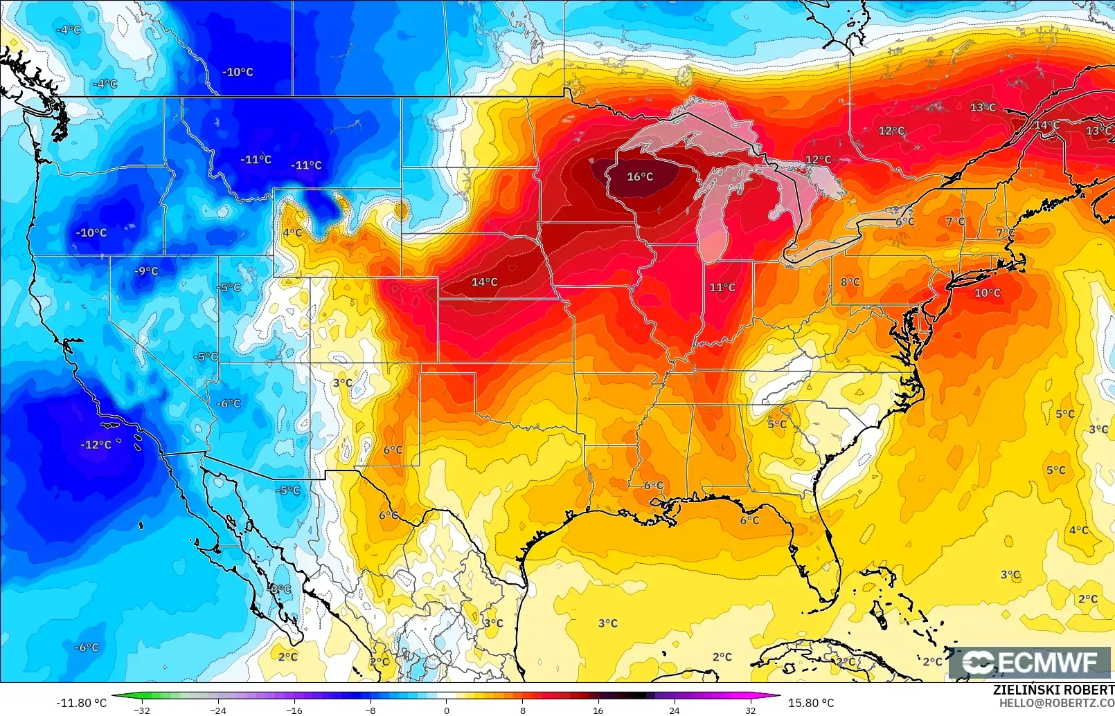 ECMWF IFS 0.25° modelo - Estados Unidos, Anomalía de temperatura a 850 hPa