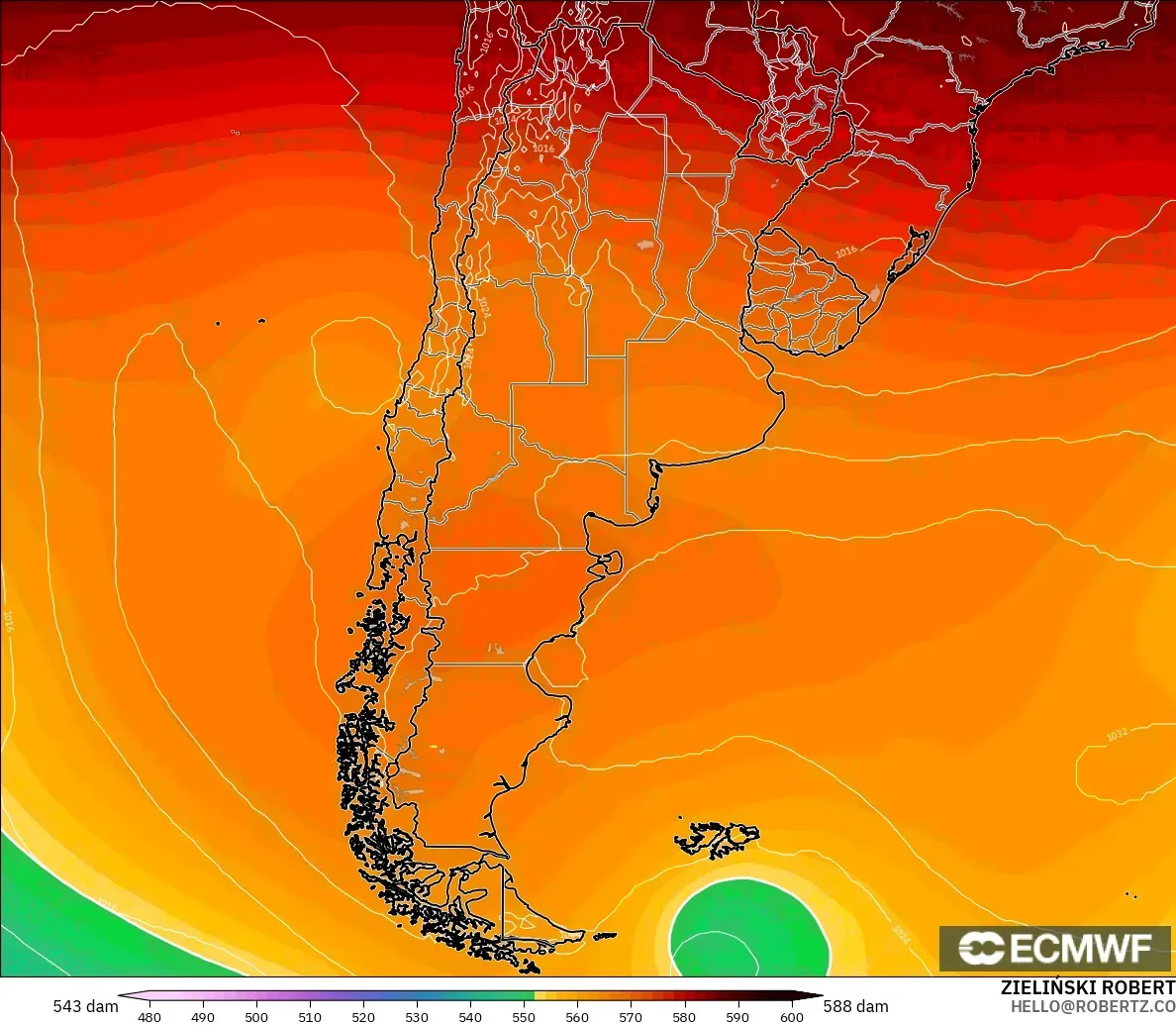 ECMWF IFS 0.25° modelo - Argentina, Altura geopotencial a 500 hPa