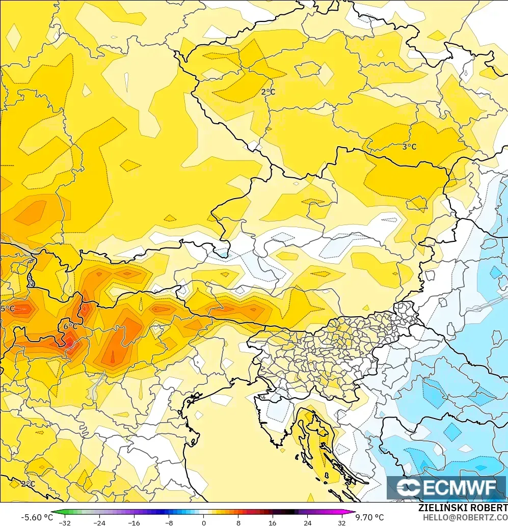 ECMWF IFS 0.25° modelo - Austria, Anomalía de temperatura a 2 m