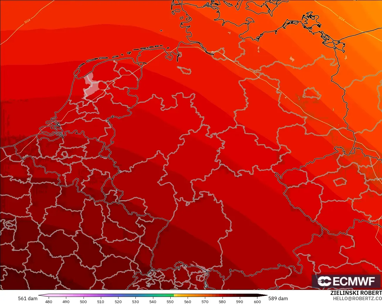 ECMWF IFS 0.25° modelo - Alemania, Altura geopotencial a 500 hPa