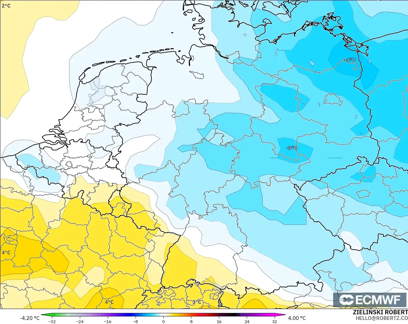 ECMWF IFS 0.25° modelo - Alemania, Anomalía de temperatura a 850 hPa