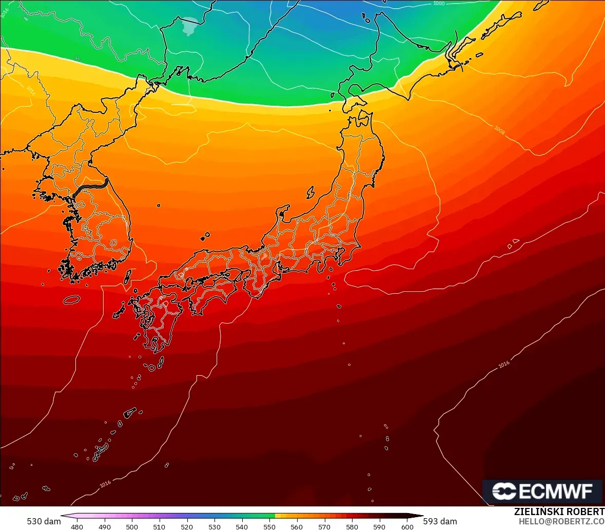 ECMWF IFS 0.25° modelo - Japón, Altura geopotencial a 500 hPa