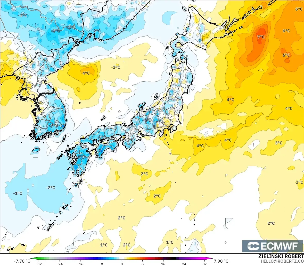 ECMWF IFS 0.25° modelo - Japón, Anomalía de temperatura a 2 m