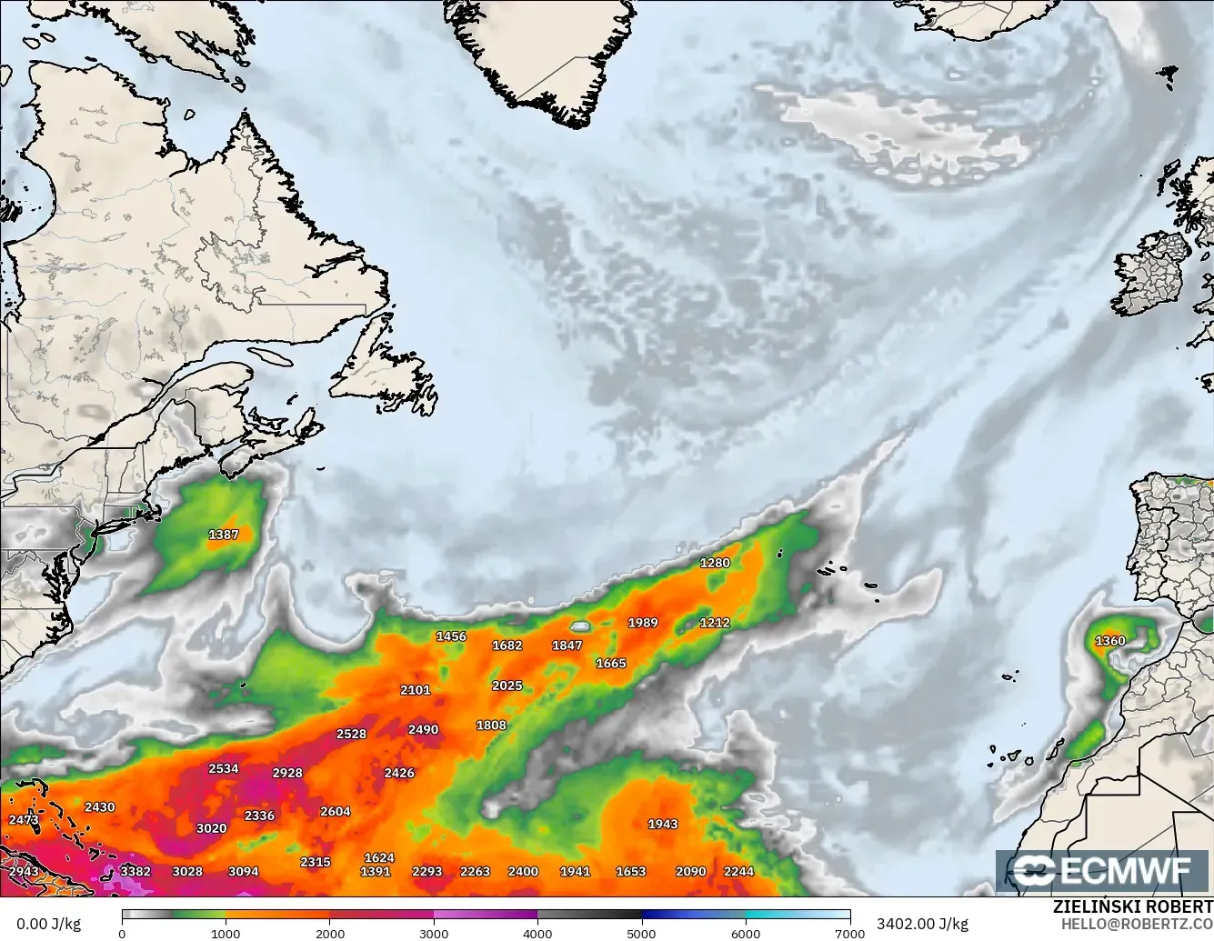 ECMWF IFS 0.25° modelo - Norte Atlántico, CAPE