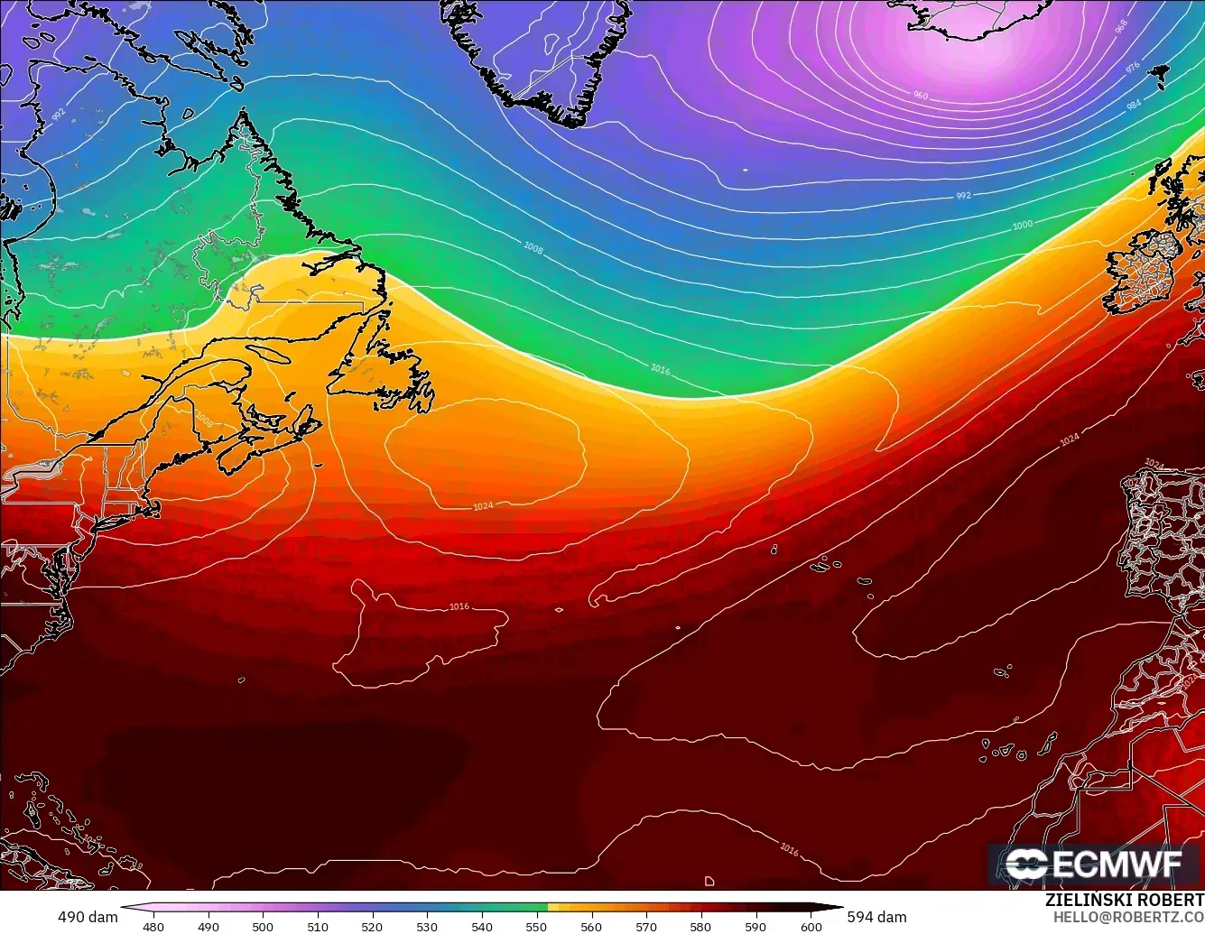 ECMWF IFS 0.25° modelo - Norte Atlántico, Altura geopotencial a 500 hPa
