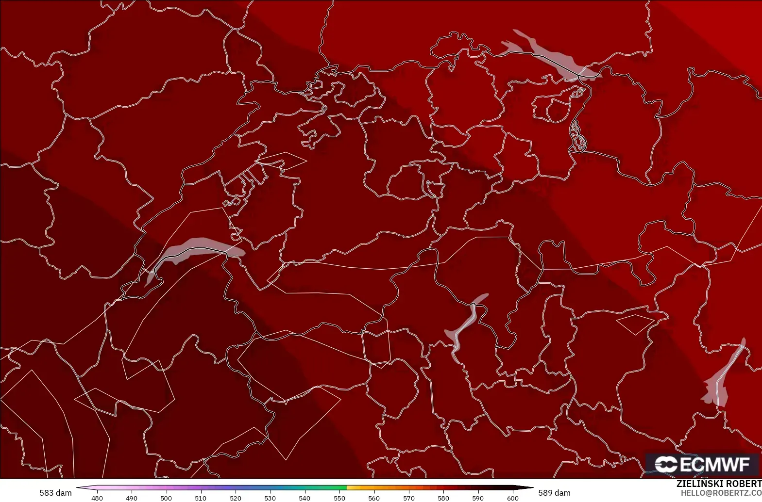 ECMWF IFS 0.25° modelo - Suiza, Altura geopotencial a 500 hPa
