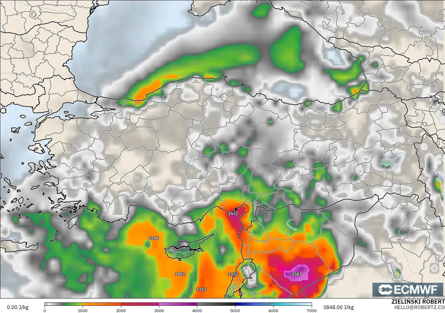 ECMWF IFS 0.25° modelo - Turquía, CAPE