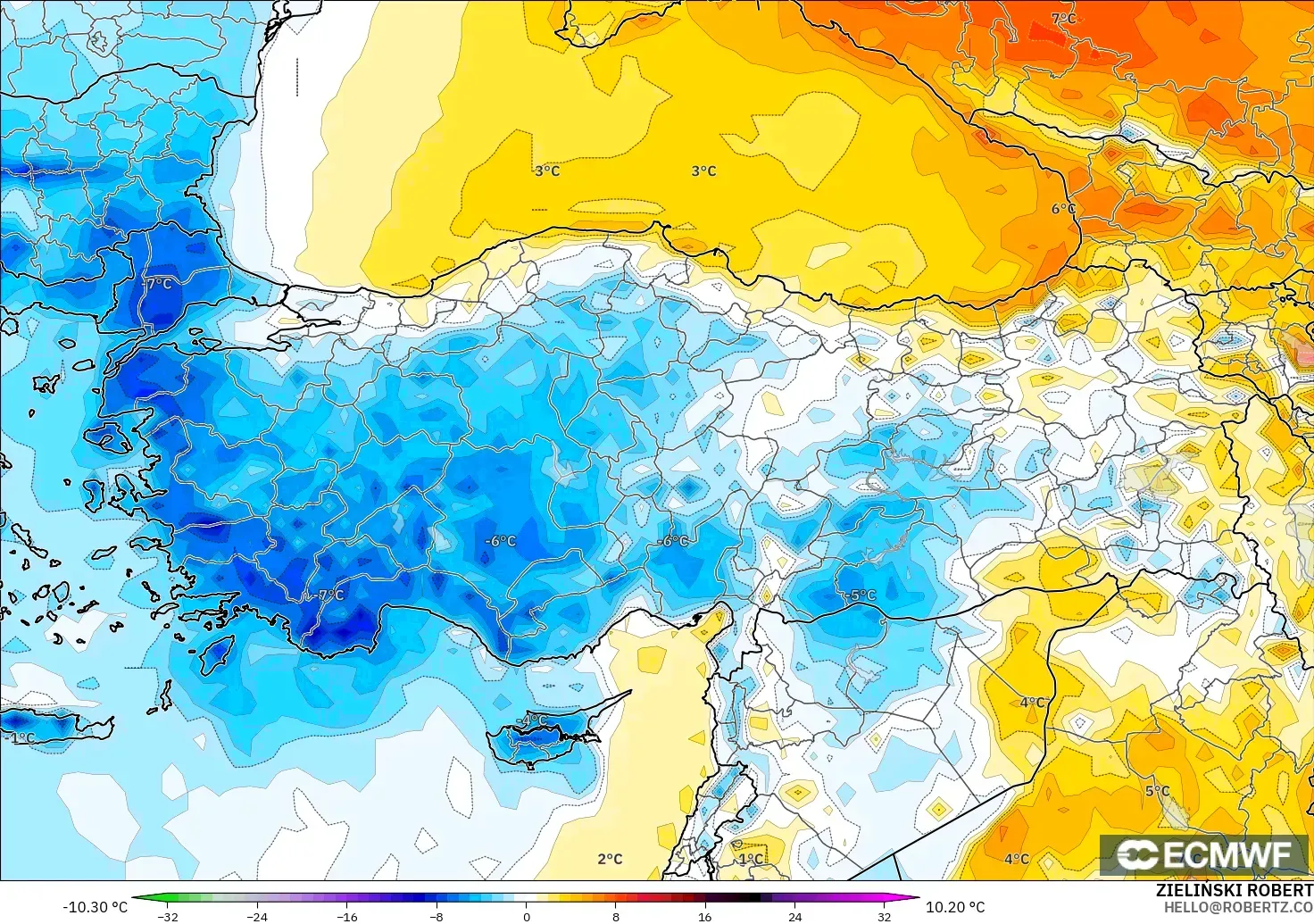 ECMWF IFS 0.25° modelo - Turquía, Anomalía de temperatura a 2 m