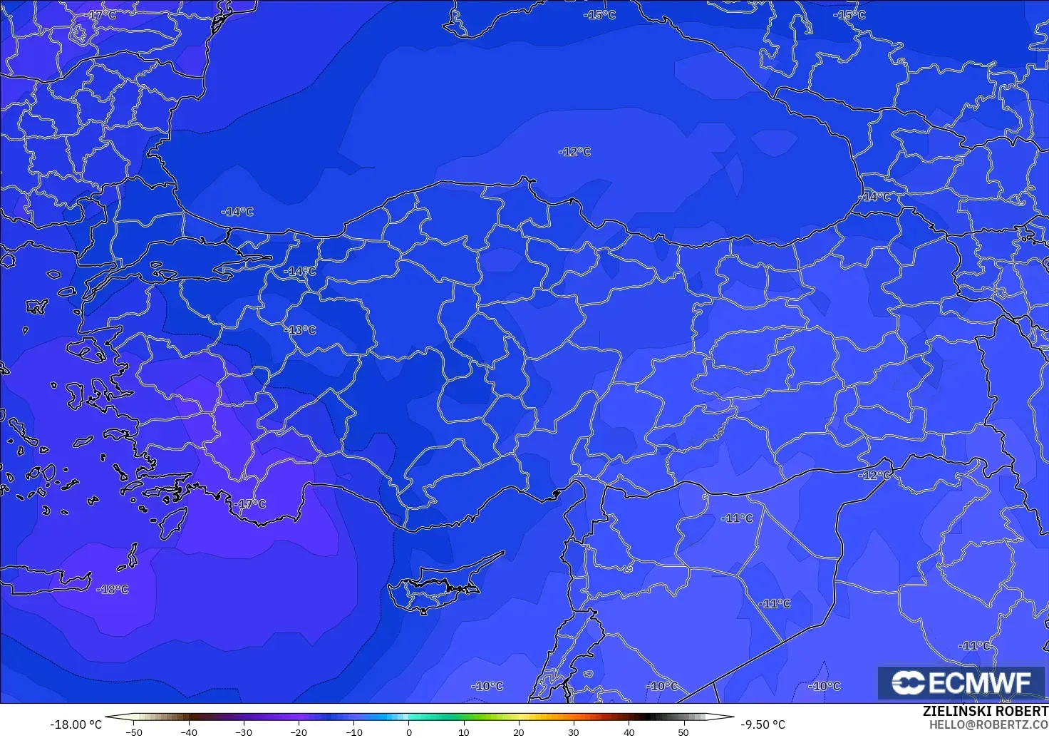 ECMWF IFS 0.25° modelo - Turquía, Temperatura a 500 hPa