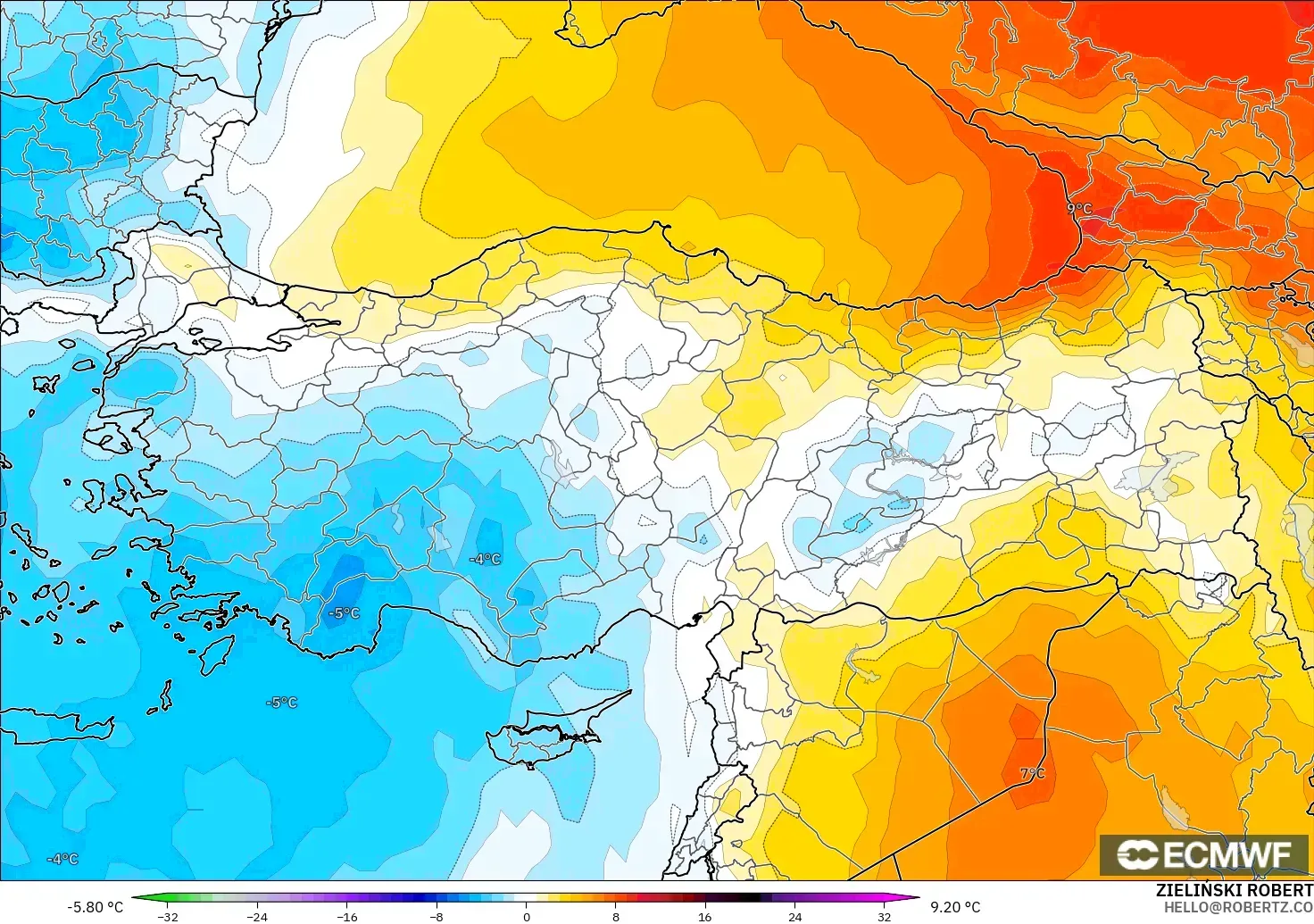 ECMWF IFS 0.25° modelo - Turquía, Anomalía de temperatura a 850 hPa