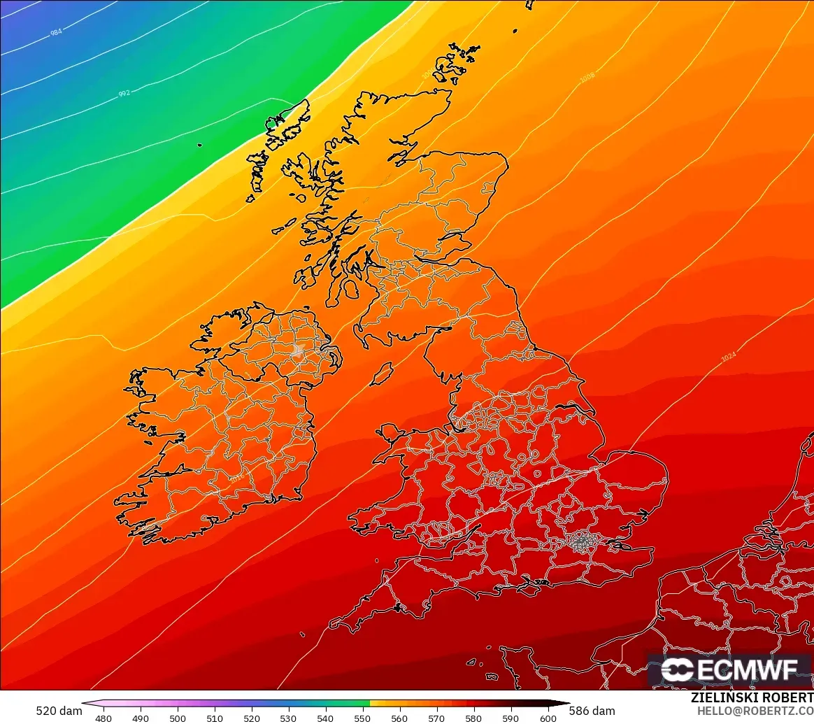 ECMWF IFS 0.25° modelo - Reino Unido, Altura geopotencial a 500 hPa