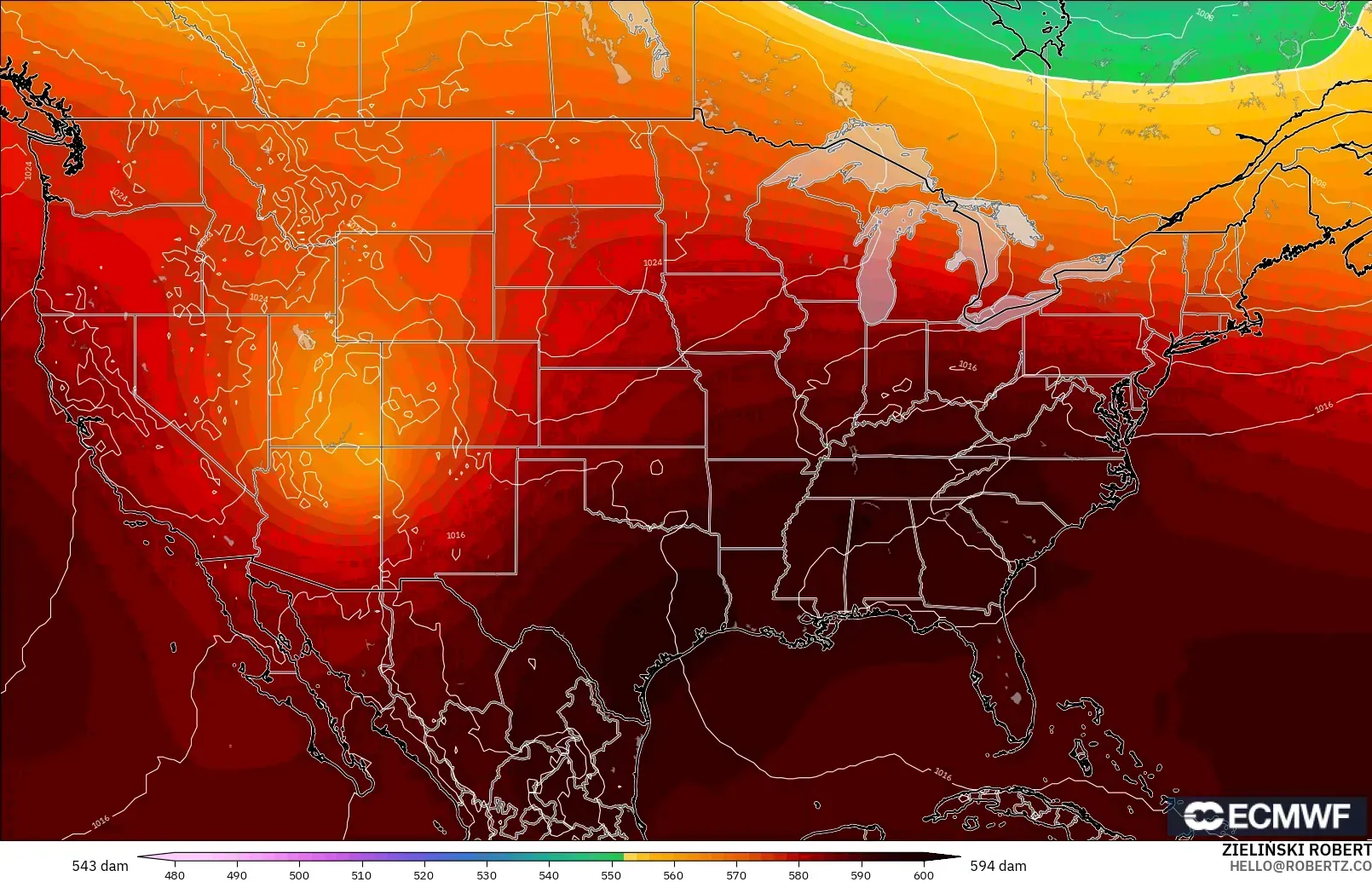 ECMWF IFS 0.25° modelo - Estados Unidos, Altura geopotencial a 500 hPa