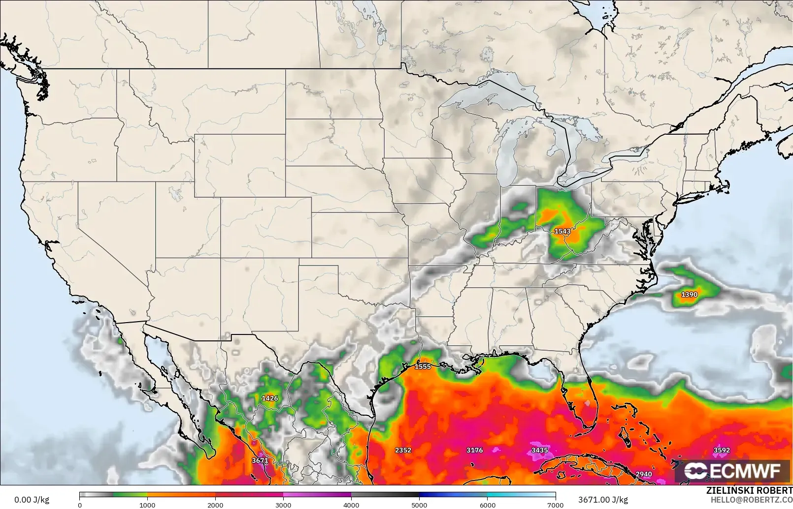 ECMWF IFS 0.25° modelo - Estados Unidos, CAPE